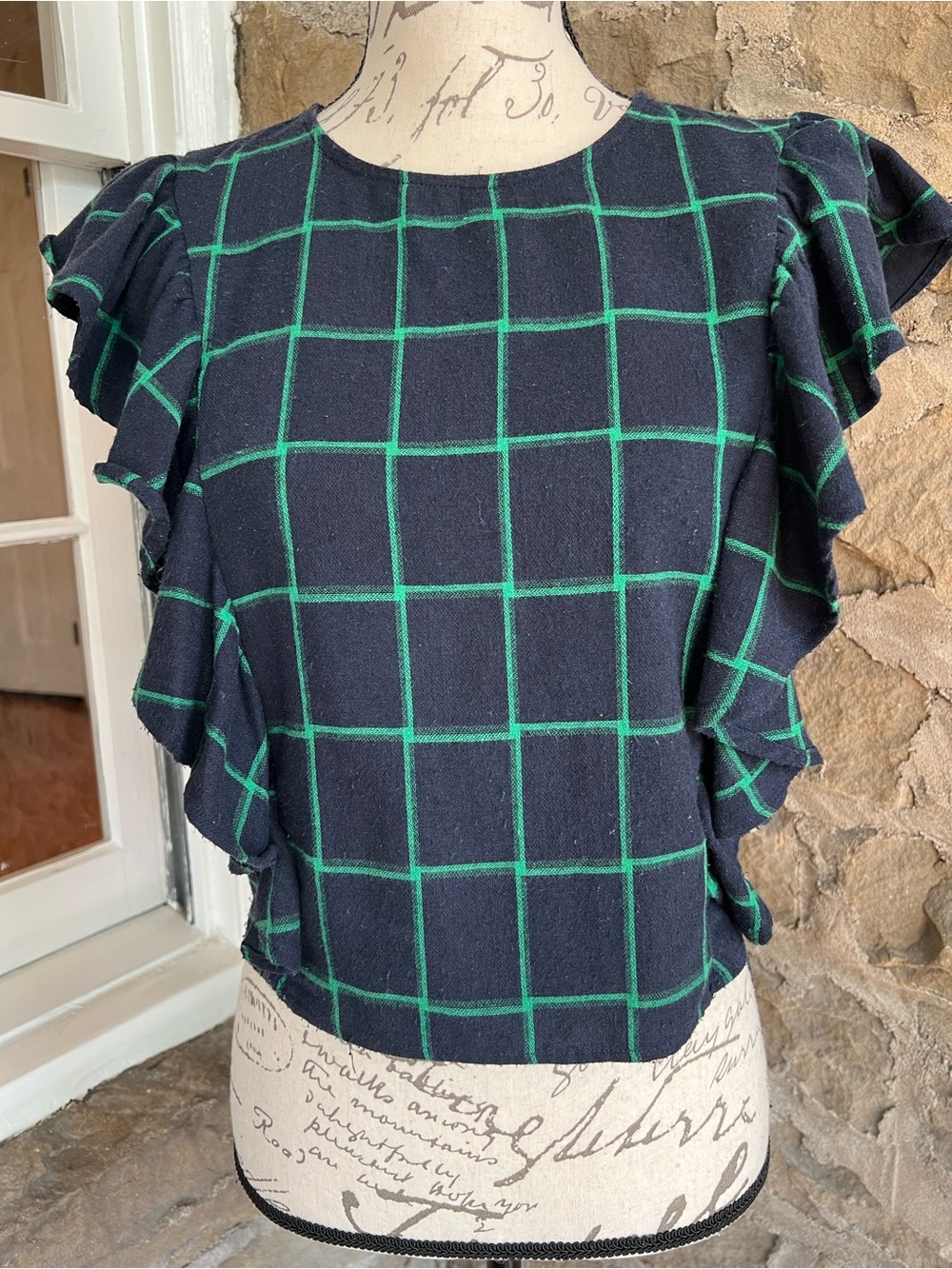 Size S Pretty Little Sister Navy & Green Windowpane Ruffle Sleeve Blouse